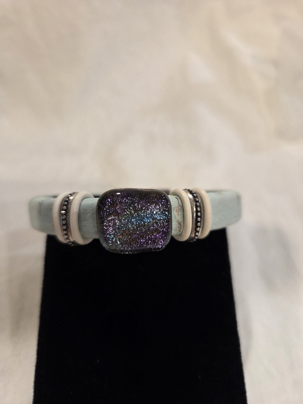 Dichroic Glass Centerpiece Mint Leather Bracelet